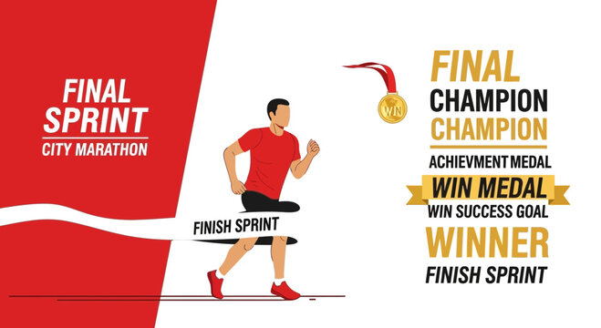 Runner Crossing Finish Line, Final Sprint, Victory Celebration, City Marathon Concept Design