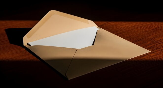 An open brown envelope with a blank white card inside, placed on a dark wooden table with dramatic lighting