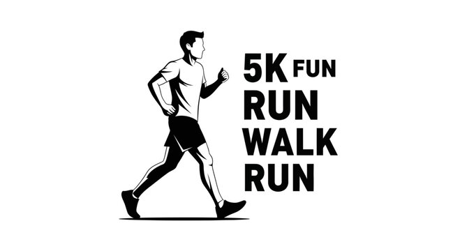 Runner Emblem: 5K, Fun Run Marathon, Walk, Silhouette in Black and White Outline