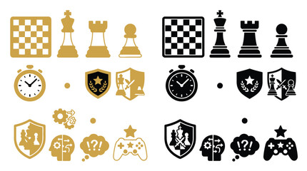 Collection of chess and gaming icons in gold and black, representing strategy, time, and competition. © Feldway