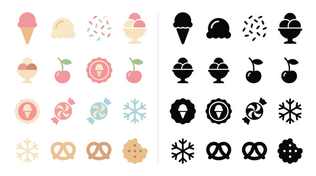 A collection of colorful and black and white icons representing various sweet treats and winter symbols, including ice cream, cherries, candies, snowflakes, and pretzels.