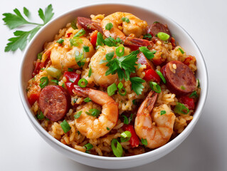 Fototapeta premium Jambalaya with shrimp and sausage in white bowl
