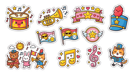 Collection of cute cartoon marching band elements featuring animals, musical instruments, and festive decorations. © Feldway