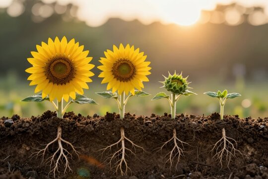 Sunflowers near the sunset show growth stages in a rural field in summer months