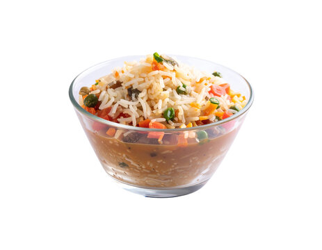 Chilam dish in glass bowl with fragrant rice and colorful vegetables on plain white background