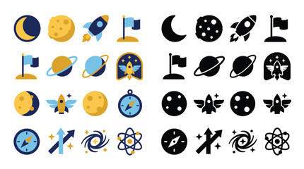 A collection of colorful and black and white icons representing space exploration, celestial bodies, and scientific concepts. © Feldway