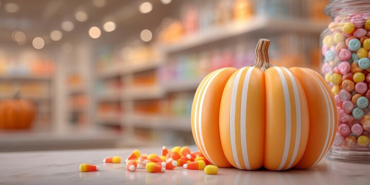 a pumpkin with candy in front on a counter at a store, a halloween decoration, with a blurred background