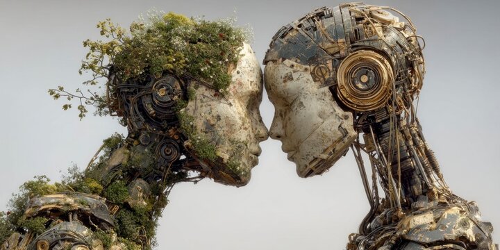 two humanoid cyborgs kissing, made of intricate mechanical parts and circuitry with nature growing