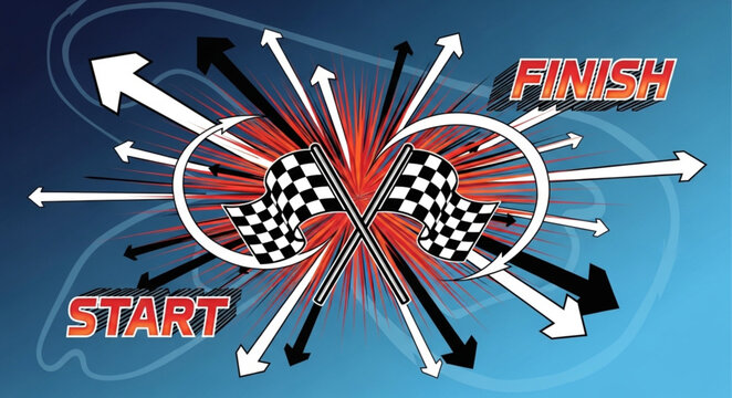 Start and Finish Line with Racing Flags and Arrows.