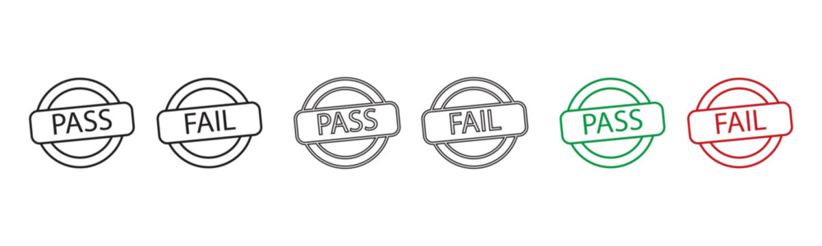 Vector set of pass and fail stamp icons in black grey green and red illustration