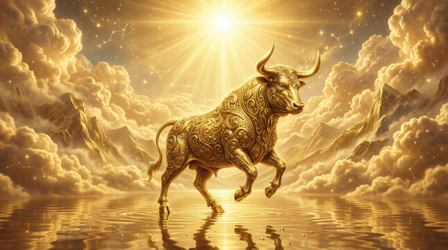 Golden bull of the heavens surrounded by fluffy clouds and light