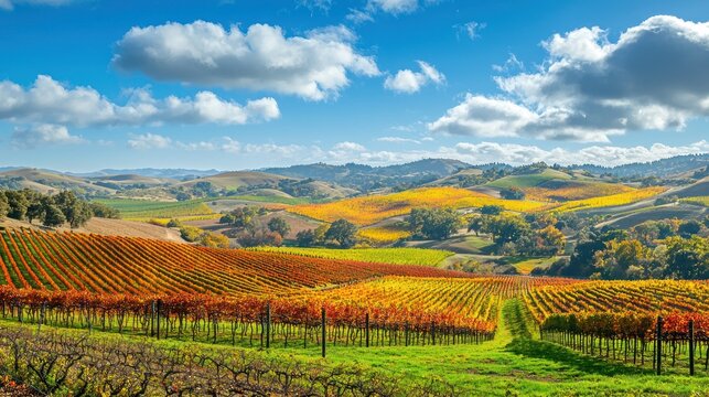 A scenic autumn landscape with rolling hills, vineyards, and colorful foliage against a blue sky.