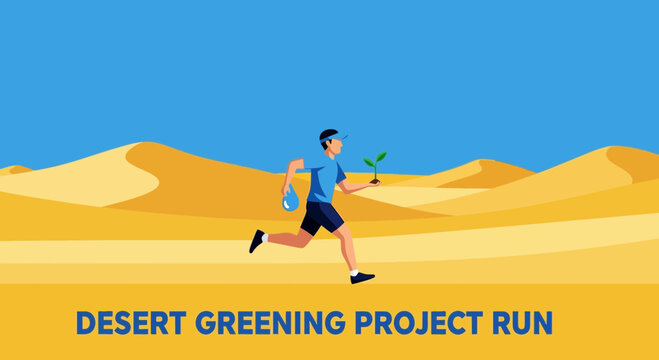 Runner Planting Seedlings In Arid Desert, Environmental Preservation Project Concept