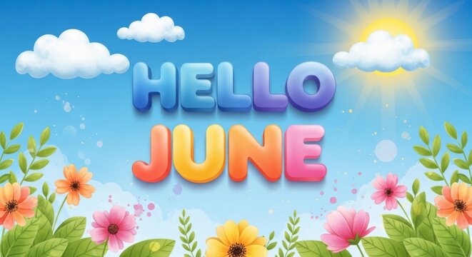 Colorful Hello June Greeting with Bright Sun, Fluffy Clouds, and Spring Flowers Illustration