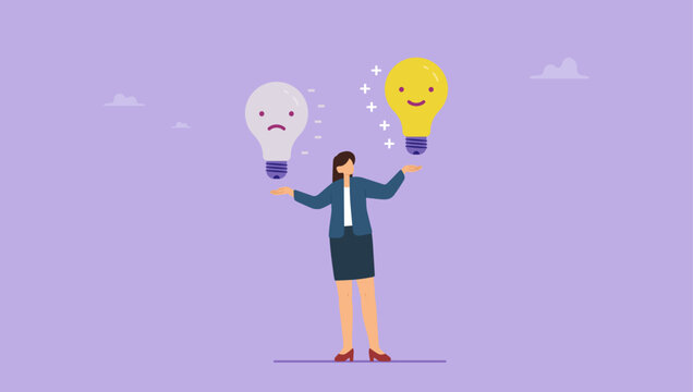 Businesswoman with positive and negative vibes around. Mindset to success in work, positive and negative thinking concept.