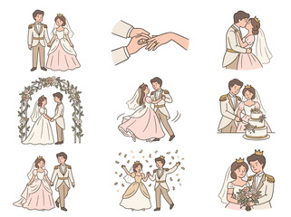 Fototapeta premium Prince and princess wedding collection: 9 hand-drawn doodle illustrations for fairytale romantic celebrations.