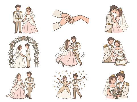 Prince and princess wedding collection: 9 hand-drawn doodle illustrations for fairytale romantic celebrations.