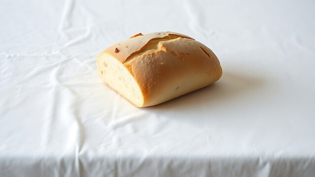 uncut. Uncut loaf of bread resting on a white linen tablecloth. menu design, packaging mockups, designed for culinary blogs and recipe cards for restaurants, simplifies recipe learning.
