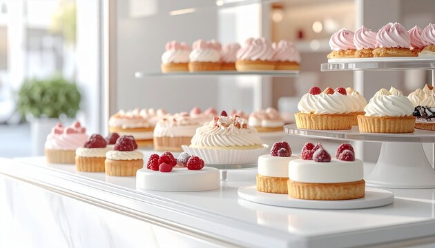 An elegant bakery or patisserie window display with a clean white background, showing off a variety of beautifully decorated mini cakes and tartlets. The main focus is on tart pastriess