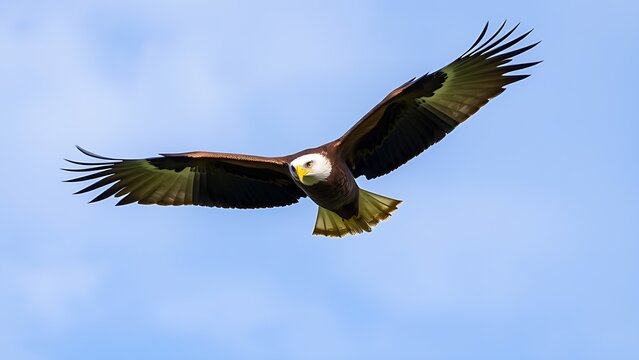unclosed. Eagle in flight against a sky background with its wings spread wide. wildlife magazines, conservation campaigns, designed for eco-tourism storytelling, used by financial analysts.