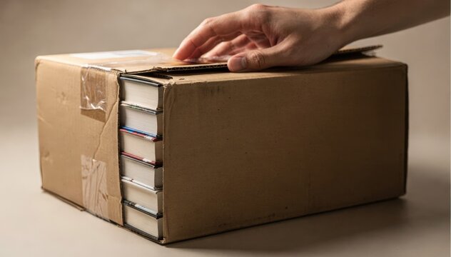 Closeup medium shot showing a hand sealing a carton filled with advance review copies main focus on the carton label with surrounding area out of focus.