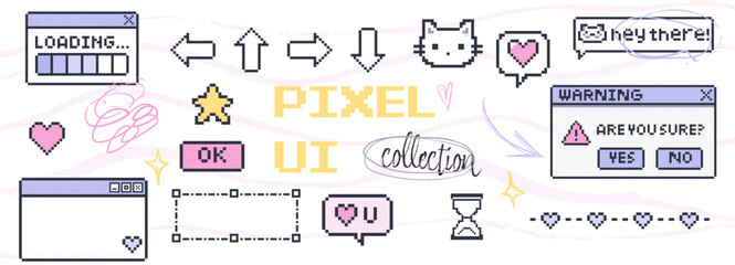Naklejka premium Pixel ui collage with chat windows icons hearts and handwritten doodles in retro style