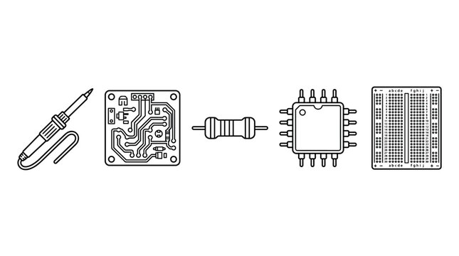 Electronics components and tools are essential for building and prototyping circuits, including soldering irons, PCBs, resistors, ICs, and breadboards.