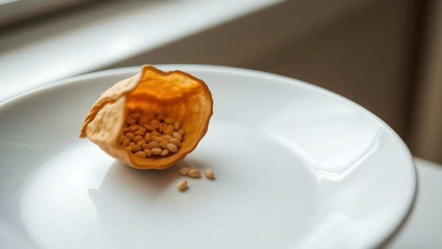 beniseed. A dried sesame pod split open on a white plate, revealing tiny seeds. gardening catalogs, home-decor guides, designed for home decor and floral branding, used by chefs.