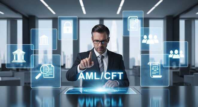 A man with a AML/CFT concept of finance and compliance.