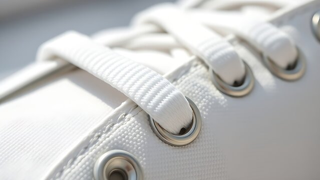 aglet. Close-up of white sneaker lace with metallic aglet on fabric. lifestyle magazines, social media lookbooks, designed for influencer and brand collaborations, inspires lifestyle.