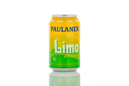 Paulaner Limo Zitrone soft drink can photographed in studio on white background with reflection, showing refreshing lemon soda packaging design.
