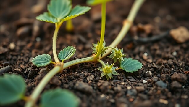 stolon. Close-up of a strawberry plant's stolon creeping across soil in morning light. gardening catalogs, home-decor guides, designed for gardening and botanical catalogs, enhances decor appeal.