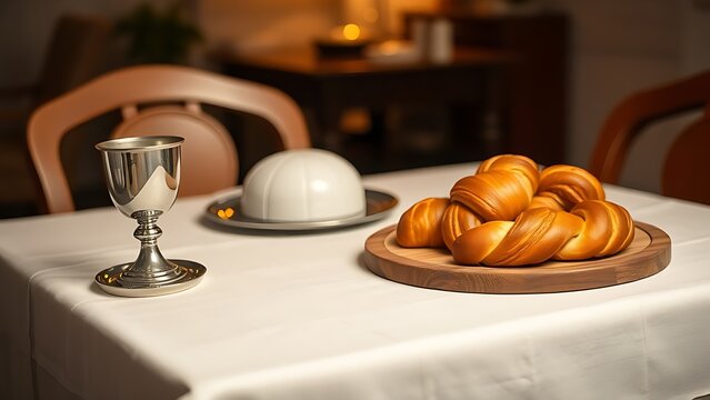 kiddush. A Shabbat table set with a white linen cloth, silver cup, and braided challah bread, warm ambient light. event programs.