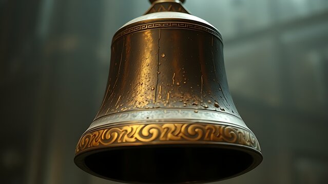 oganesson. Ancient bronze bell with detailed texture and visible ripples in the air. event programs, museum guides, designed for cultural heritage projects and event programs, preserves heritage.