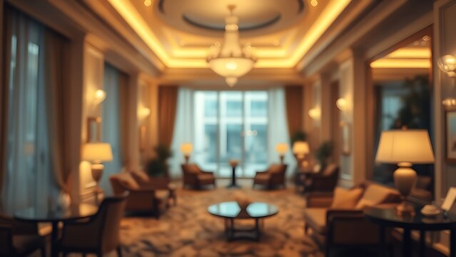 guest. Elegant hotel interior with warm ambient lighting and a soft atmospheric blur effect. real-estate listings.