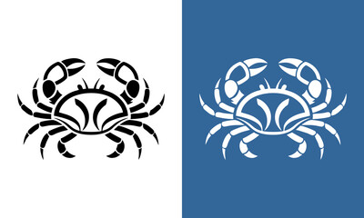 Fototapeta premium Elegant black and white stylized crab icon and its negative space counterpart on a deep blue background, perfect for astrology, seafood, or marine branding
