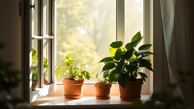 hesperidium. Potted plants being moved to a sunny windowsill with warm morning light. lifestyle magazines, social media lookbooks, designed for influencer and brand collaborations.