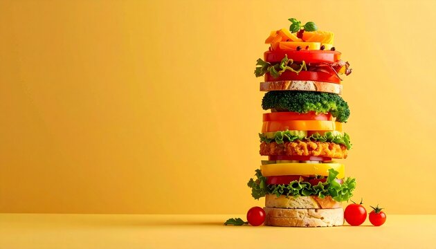 Stack of veggie burger ingredients arranged vertically or deconstructed on a bright yellow background. Featuring layers of whole wheat bread, fresh lettuce, tomatoes, broccoli, bell peppers and pax
