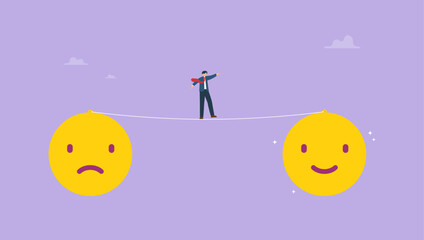Businessman walks on thin rope to positive feeling. Metaphor for getting rid of negativity and improving mental state. Emotional balance and harmony concept.