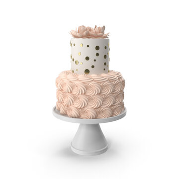 Two tier peach rosette cake with gold dots and flowers