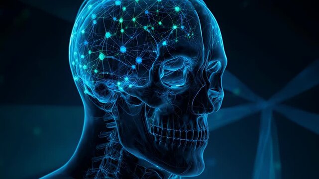"Depict a glowing human brain with neural nodes and connections inside a transparent skull, symbolizing neuroscience, artificial intelligence, and the complexity of cognitive processes."