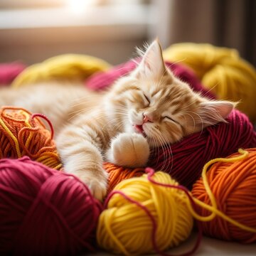 Resting ginger cat amongst colorful yarn balls in soft overhead lighting