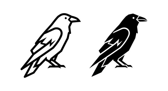 Set of two stylized raven bird icons, minimalist vector illustration of a crow in outline and solid black silhouette style