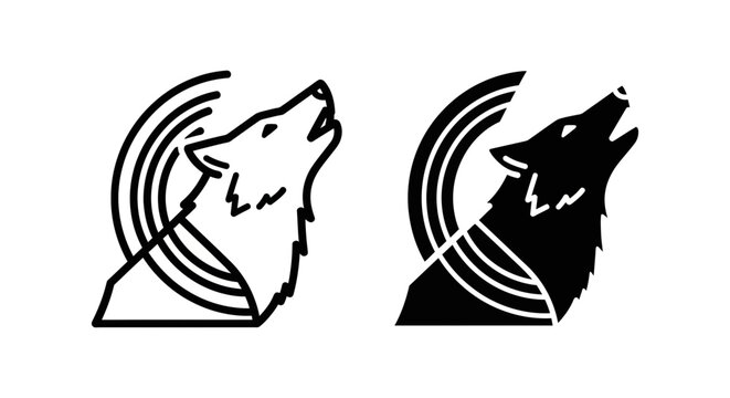 Minimalist howling wolf logo design, vector illustration of a wolf head silhouette with sound waves