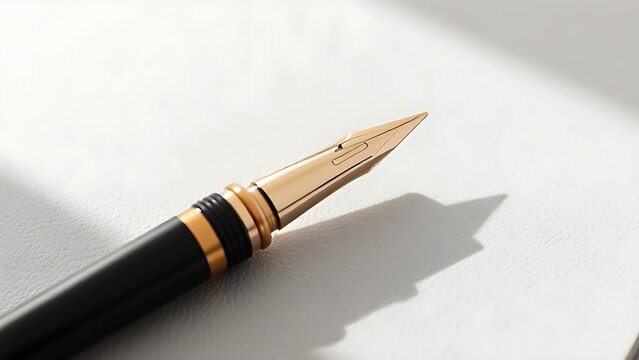 nib. Elegant fountain pen diagonally placed on a textured surface, highlighted by soft lighting. tutorial guides, club newsletters, designed for tourism and weekend activity guides.