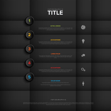 This modern infographic features five distinct progress steps on a dark background. Each business infographic step includes icons and text, perfect for a sleek business infographic.