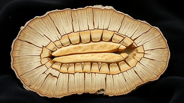 mineralized. Cross-section slice of rough mammoth tusk fossil with intricate textures. STEM education sheets, lab safety posters, designed for biotech research communications.