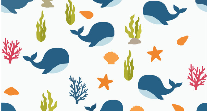 Cute ocean seamless pattern with whales seaweed starfish and shells vector illustration on white