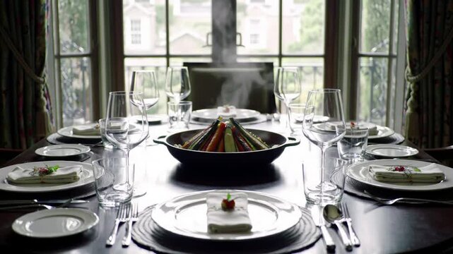 A formal dining table set for a meal.