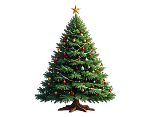 Fototapeta premium Decorated christmas tree with star topper and ornaments in seasonal fir